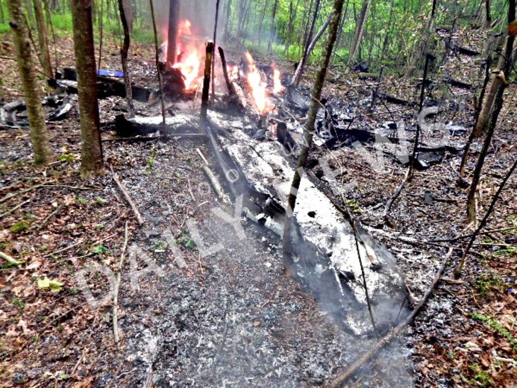 A picture of the wreckage atop the mountain in the wooded are near Elks Golf Course.