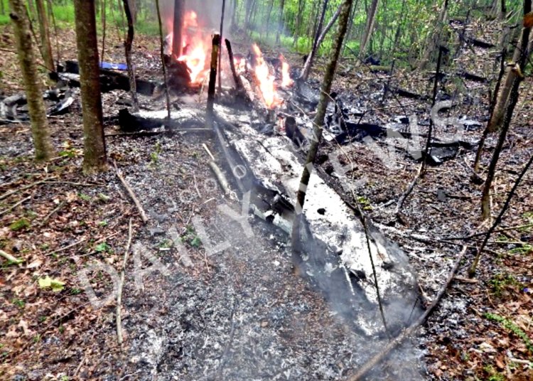A picture of the wreckage atop the mountain in the wooded are near Elks Golf Course.