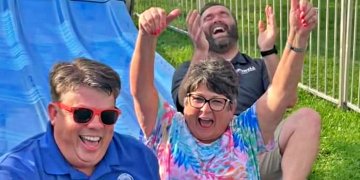 Sliding down the "Democrat Tears" water slide attraction