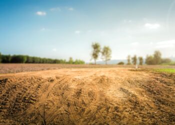 An empty, dry, cracked piece of land marked with tire tracks, possibly for farming, construction, or future development.