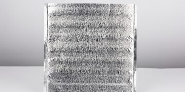 A silver thermal pouch sits alone on a white and gray background. The top of the bag is cut open.