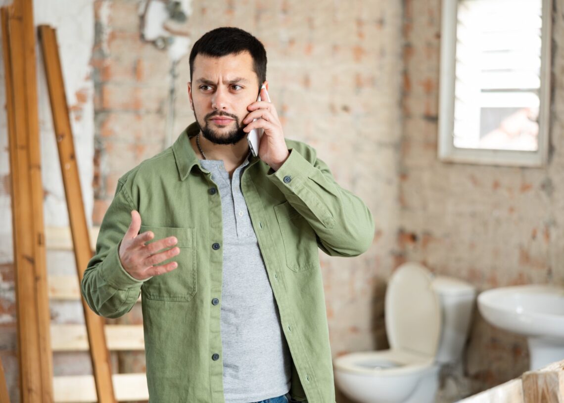 A bearded man answers a phone call, holding up his hand. Behind him is an unfinished bathroom renovation.
