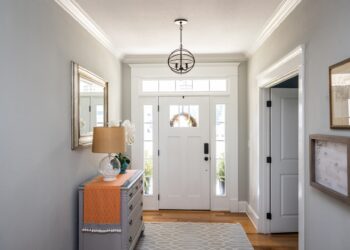 An entrance to a residential home. There is a white door with windows showing light coming in from outside.