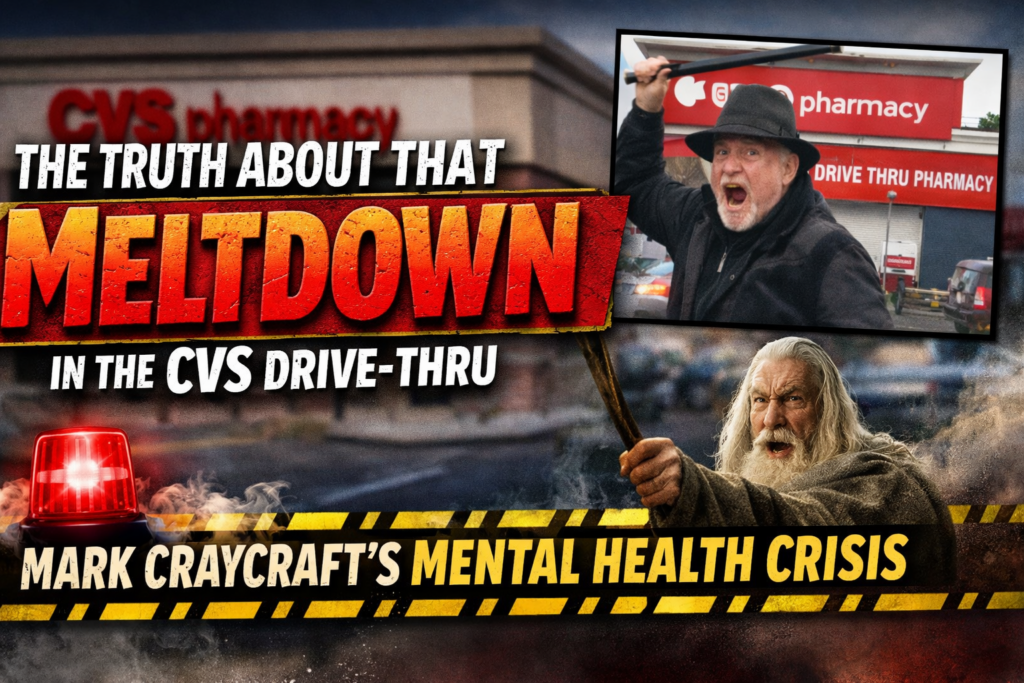 A man holding a cane in the CVS drive-thru contrasted to Gandalf in Lord of the Rings