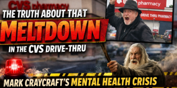 A man holding a cane in the CVS drive-thru contrasted to Gandalf in Lord of the Rings