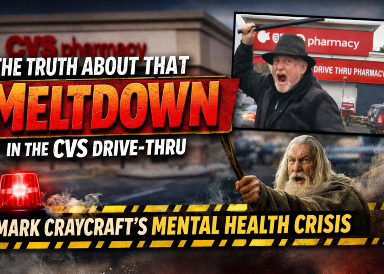 A man holding a cane in the CVS drive-thru contrasted to Gandalf in Lord of the Rings