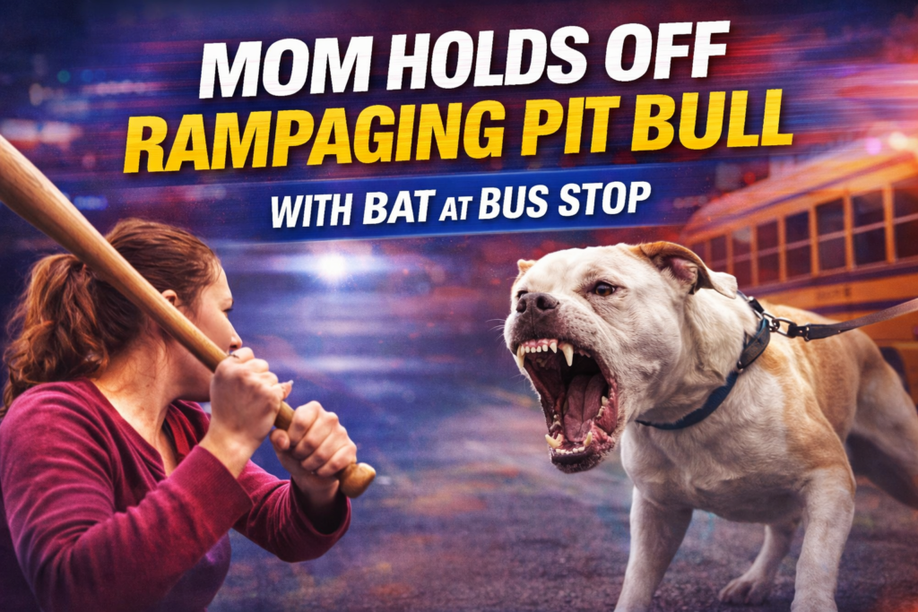 Mom holds off pit bull with bat.