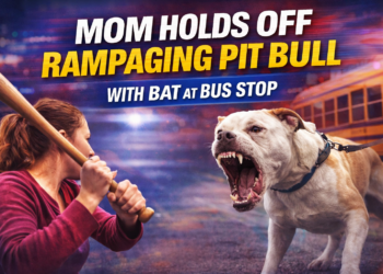 Mom holds off pit bull with bat.