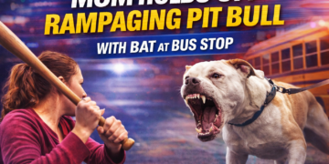 Mom holds off pit bull with bat.