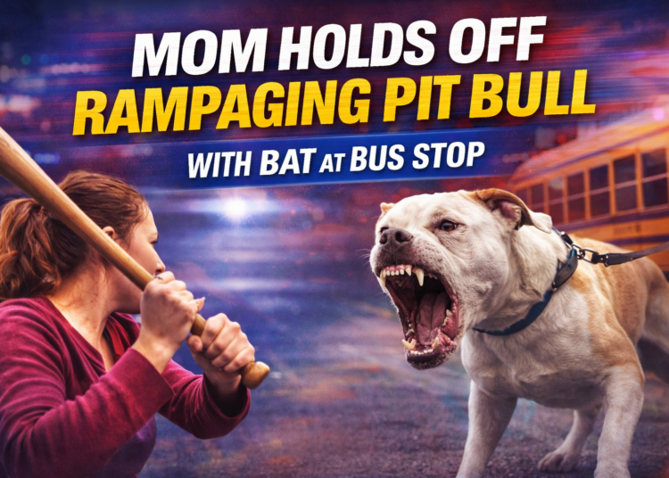 Mom holds off pit bull with bat.