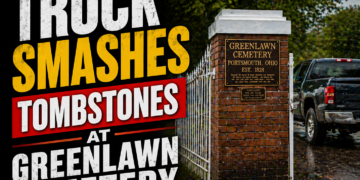 truck smashes into tombstones