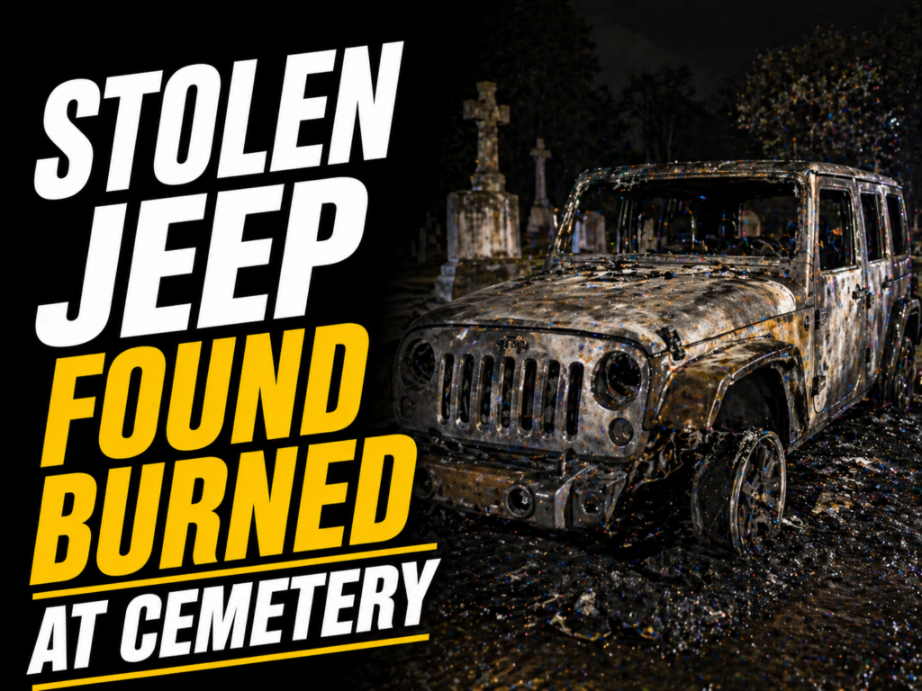 Stolen Jeep burned in cemetery