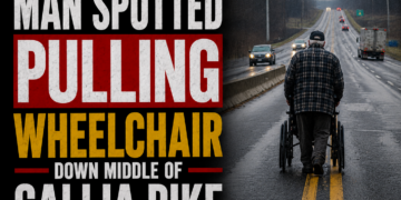 Man pushing wheelchair down gallia pike