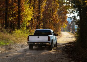 A white pickup truck is driving through the woods on a dirt road. The leaves on the trees are changing colors.