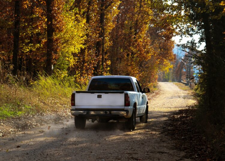 A white pickup truck is driving through the woods on a dirt road. The leaves on the trees are changing colors.