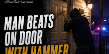 man beats on door with hammer