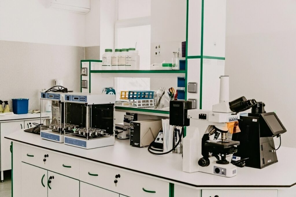 cannabis A laboratory workbench with a microscope and analytical equipment in a bright room
